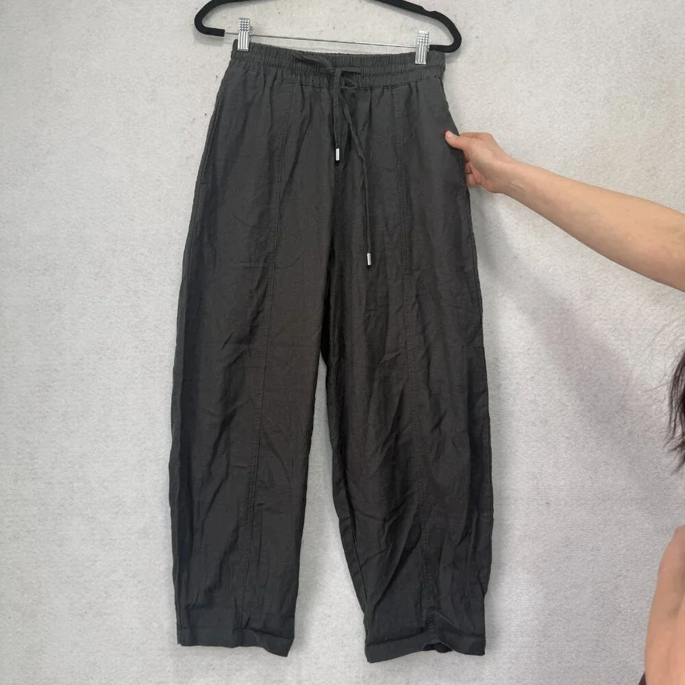 Zara Pants Womens XS Gray Linen Viscose Cropped Tapered Elastic Waist Drawstring
